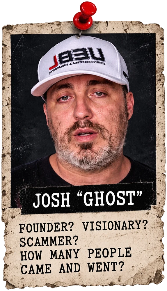 Pinned case card — Josh “Ghost”. Founder? Visionary? Scammer? How many people came and went?