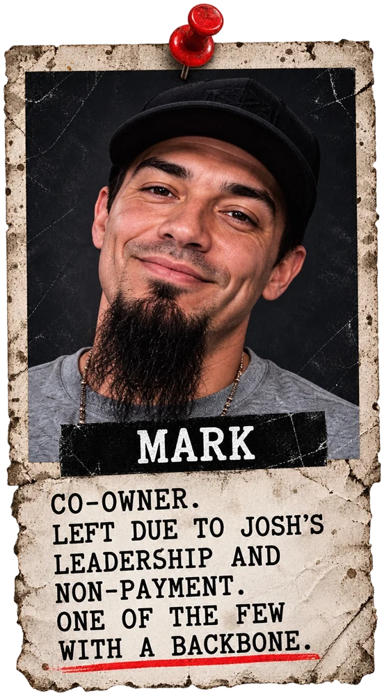 Pinned case card — Mark. Co-owner. Left due to Josh's leadership and non-payment.