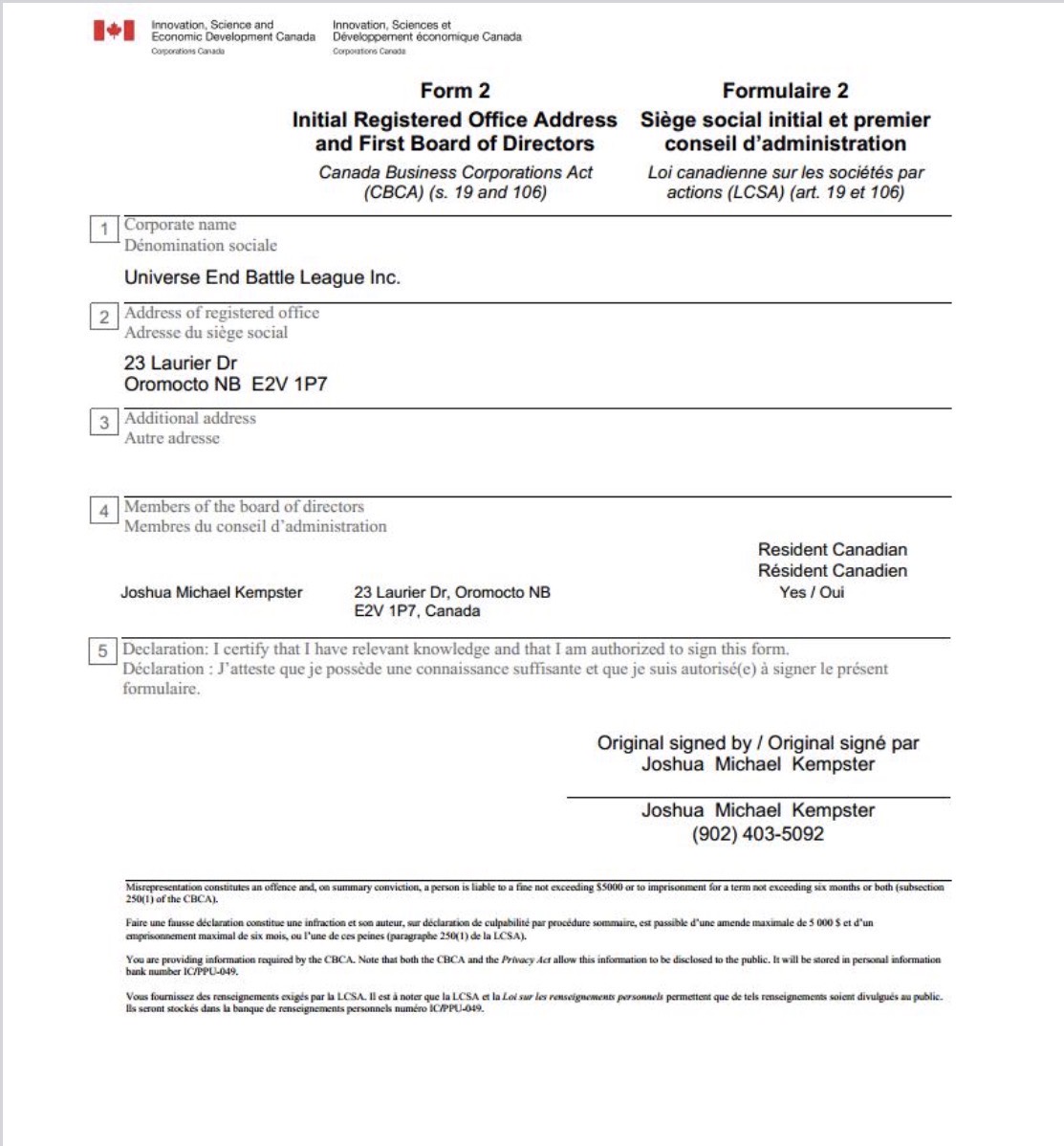 Supplied Form 2 for Universe End Battle League Inc., showing the registered office, first board of directors and original-signed-by attribution